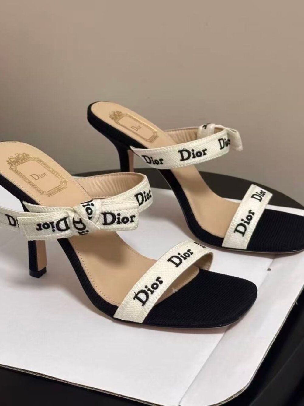 Dior Logo Ribbon Bow Square Toe High Heel Slide Sandals